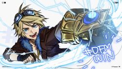 Rule 34 | 1boy, :d, antenna hair, black gloves, blonde hair, blue eyes, brown jacket, cropped jacket, cropped torso, energy, ezreal, fingerless gloves, fur-trimmed jacket, fur trim, gauntlets, gloves, goggles, goggles on head, highres, jacket, league of legends, long sleeves, male focus, open clothes, open jacket, open mouth, shirt, short hair, single gauntlet, smile, solo, teeth, tongue, white background, white shirt, wosashimi