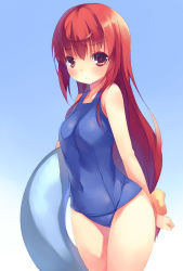 Rule 34 | 1girl, :&lt;, blush, bow, breasts, buratei marii, hair bow, innertube, joshiraku, long hair, looking at viewer, mikage sekizai, one-piece swimsuit, red eyes, red hair, school swimsuit, simple background, solo, swim ring, swimsuit, very long hair