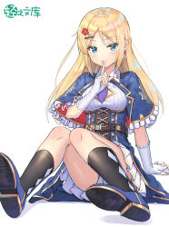 Rule 34 | 1girl, 5ya, argyle, argyle clothes, argyle legwear, arm support, belt, black socks, blonde hair, blue capelet, blue eyes, blue footwear, blue skirt, blush, breasts, buttons, capelet, closed mouth, convenient leg, copyright request, cross-laced clothes, double-breasted, earrings, finger to mouth, fingerless gloves, fingernails, gloves, hair ornament, hairclip, hand up, highres, index finger raised, jewelry, knees together feet apart, long hair, looking at viewer, medium breasts, official art, shoes, shushing, simple background, sitting, skirt, smile, socks, solo, white background, white gloves