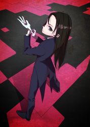 Rule 34 | 1girl, amane (hunter x hunter), ammonio, black hair, butler, female butler, from above, glove pull, gloves, highres, hunter x hunter, long hair, looking at viewer, looking back, looking up, solo, white gloves