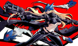 Rule 34 | 1girl, beelstarmon, belt, belt collar, black belt, black footwear, black gloves, black jacket, black pants, black scarf, black vest, blonde hair, blue eyes, breasts, bullet, cape, collaboration, collar, combination weapon, commentary request, cropped vest, digimon, digimon (creature), dual wielding, floating hair, fly bullet, gloves, gun, handgun, heterochromia, high heels, holding, holding gun, holding weapon, jacket, kai e, knife, large breasts, leather, leather jacket, leather pants, long hair, looking at viewer, mask, multiple-barrel firearm, navel, nikusenpai, open clothes, open jacket, outstretched arms, pants, parted lips, pistol, red background, red eyes, revolver, rizoma de loto, scarf, sidelocks, smile, solo, sozomaika, standing, standing on one leg, stomach, third eye, tight clothes, tight pants, torn cape, torn clothes, torn coat, torn jacket, triple-barreled revolver, two-tone background, underboob, vest, volley gun, weapon, white background, zipper