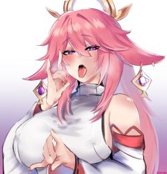 Rule 34 | 1girl, absurdres, animal ears, bare shoulders, blush, breasts, covered erect nipples, detached sleeves, earrings, fellatio gesture, floppy ears, fox ears, fox shadow puppet, genshin impact, hair between eyes, highres, japanese clothes, jewelry, kurenaiz (kuayrenaiz), large breasts, long hair, looking at viewer, nontraditional miko, open mouth, pink hair, purple eyes, shirt, sleeveless, sleeveless shirt, solo, tongue, tongue out, upper body, white shirt, yae miko