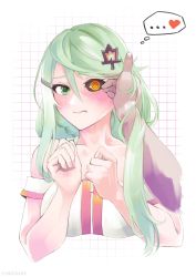 Rule 34 | ..., 1girl, absurdres, arms up, artist name, bare shoulders, blush, breasts, closed mouth, collarbone, dress, girls&#039; frontline, green eyes, green hair, hair ornament, hairclip, hand in another&#039;s hair, heart, heterochromia, highres, long hair, looking at viewer, orange eyes, sidelocks, simple background, solo, sugac, tac-50 (girls&#039; frontline), upper body, white dress