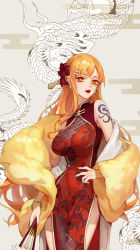 Rule 34 | 1girl, bracelet, breasts, china dress, chinese clothes, cowboy shot, dragon, dress, dywx poison, earrings, hair ornament, hand fan, hand on own hip, highres, holding, holding fan, jewelry, large breasts, lipstick, long hair, makeup, nami (one piece), one piece, orange eyes, orange hair, red dress, red lips, shawl, side slit, smile, solo