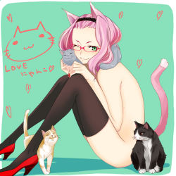 Rule 34 | 1girl, animal ears, black thighhighs, cat, cat ears, cat tail, glasses, green eyes, hairband, heart, high heels, nail polish, nude, one eye closed, original, pink hair, red footwear, sasetsu, shoes, short eyebrows, sitting, solo, tail, thighhighs, wink