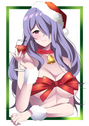 Rule 34 | 1girl, arm warmers, bell, bow, breasts, camilla (fire emblem), cleavage, cup, drink, drinking glass, fe135700, fire emblem, fire emblem fates, hair over one eye, hat, heart, highres, holding, holding cup, large breasts, long hair, looking at viewer, neck bell, nintendo, purple eyes, purple hair, red bow, red hat, red ribbon, ribbon, ribbon bra, santa hat, smile, solo, upper body