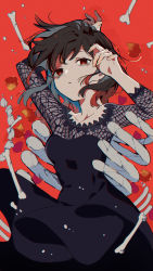 Rule 34 | 1girl, absurdres, arms up, bags under eyes, black dress, bone, brown hair, chromatic aberration, clothes lift, cowboy shot, dress, expressionless, falling petals, floating hair, highres, lace, lace trim, looking at viewer, medium hair, mole, mole under eye, omutatsu, otome kaibou (vocaloid), petals, red background, red eyes, skirt, vocaloid, wind, wind lift