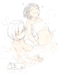 Rule 34 | 10s, 6+girls, ahoge, bathing, black hair, blush, breasts, breasts apart, closed eyes, closed mouth, collarbone, eyebrows, fairy (kancolle), female focus, fuu fuu, hairband, hamakaze (kancolle), kantai collection, kuroshio (kancolle), large breasts, mini person, minigirl, monochrome, multiple girls, navel, nude, open mouth, pale color, partially colored, short hair, small breasts, smile, sparkle, steam, stomach, tanikaze (kancolle), towel, water, white background, white hair