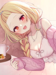 Rule 34 | 1girl, absurdres, bangs pinned back, bare shoulders, blonde hair, blush, braid, breasts, camisole, checkerboard cookie, cleavage, collarbone, commentary request, cookie, cup, food, forehead, heterochromia, highres, hoshikawa sara, hoshikawa sara (5th costume), hoshikawa sara (7th costume), jacket, jewelry, long sleeves, looking at viewer, lying, medium breasts, necklace, nijisanji, off shoulder, official alternate costume, official alternate hairstyle, oguraponti, on side, open clothes, open jacket, open mouth, orange eyes, pink jacket, red eyes, single braid, sleeves past wrists, smile, solo, sweets, tray, upper body, virtual youtuber, white camisole