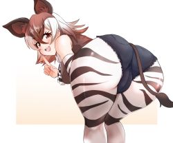 Rule 34 | 1girl, akaisuto, animal ears, ass, bare shoulders, bent over, brown eyes, brown hair, commentary request, crotch seam, cutoffs, denim, denim shorts, detached sleeves, extra ears, from behind, hair between eyes, highres, index finger raised, kemono friends, looking at viewer, looking back, medium hair, multicolored hair, okapi (kemono friends), okapi ears, okapi tail, open mouth, pantyhose, pantyhose under shorts, print pantyhose, print sleeves, shiny clothes, shirt, shorts, sleeveless, sleeveless shirt, smile, solo, tail, teeth, two-tone hair, upper teeth only, white hair