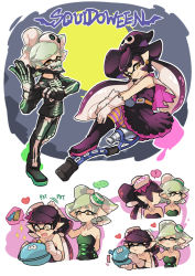 Rule 34 | + +, ..., 2girls, ?, bandana, belt, black dress, black footwear, black gloves, black hair, black pants, black shirt, blush, boots, broom, broom riding, callie (splatoon), candy, capelet, closed eyes, closed mouth, comic, costume, detached collar, dress, earrings, english text, fangs, female focus, food, food on head, full body, gloves, gomipomi, grey hair, hair ornament, halloween costume, hand on another&#039;s head, hat, headpat, heart, inkbrush (splatoon), inkling, jellyfish (splatoon), jewelry, long hair, long sleeves, looking at another, looking at viewer, marie (splatoon), mask, mole, mole under eye, moon, multicolored clothes, multicolored legwear, multiple girls, nintendo, object on head, open mouth, pants, pantyhose, pointy ears, pun, shirt, shoes, short dress, short hair, sitting, skeleton, skeleton costume, skull, sleeveless, sleeveless dress, smile, splatoon (series), splatoon 1, spoken ellipsis, spoken question mark, standing, strapless, striped clothes, striped legwear, striped pantyhose, sushi, tentacle hair, upper body, white background, white gloves, witch hat