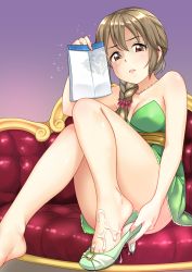 Rule 34 | 1girl, bare shoulders, barefoot, blush, braid, breasts, brown eyes, brown hair, cleavage, couch, cum, cum on body, cum on feet, cum on lower body, disgust, dress, envelope, feet, green dress, highres, idolmaster, idolmaster cinderella girls, idolmaster cinderella girls starlight stage, jakelian, long hair, looking at viewer, putting on shoes, senkawa chihiro, shoes, single braid, single shoe, sitting, solo, strapless, strapless dress, toes