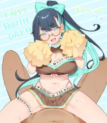 Rule 34 | 1boy, 1girl, aqua eyes, aqua hair, blue hair, bow, breasts, cheerleader, choco-chan, cleavage, cleavage cutout, clothed female nude male, clothes writing, clothing cutout, cowgirl position, earrings, fang, gift art, girl on top, glasses, hair bow, heart, heart earrings, hetero, highleg, highleg panties, implied sex, jewelry, large breasts, long hair, midriff, miniskirt, mole, mole under eye, mole under mouth, multicolored hair, nude, open mouth, original, panties, pleated skirt, pom pom (cheerleading), ponytail, pov, sakana no ike, sex, simple background, skirt, solo focus, straddling, sweat, thigh strap, underwear, very long hair
