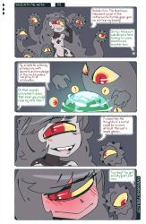 Rule 34 | 1girl, 4koma, :3, :d, blush, breasts, closed mouth, colored sclera, comic, commentary, cyclops, embarrassed, english commentary, english text, extra eyes, full-face blush, gazer (monster girl encyclopedia), grey hair, highres, long hair, looking away, mind reading, monster girl, monster girl encyclopedia, nude, one-eyed, open mouth, out of frame, ramenwarwok, red eyes, sharp teeth, slime (substance), slit pupils, small breasts, smile, solo focus, standing, teeth, tentacles, tumblr username, twitter username, watermark, web address, yellow sclera
