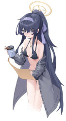 Rule 34 | 1girl, absurdres, bikini, black bikini, black hair, blue archive, breasts, coffee cup, cropped legs, cup, disposable cup, grey jacket, hairband, halo, halterneck, high ponytail, highres, holding, holding cup, holding map, jacket, jewelry, kuroja, long hair, map, necklace, o-ring, o-ring bikini, off shoulder, official alternate costume, open clothes, open jacket, open mouth, ponytail, purple hairband, simple background, small breasts, solo, standing, swimsuit, ui (blue archive), ui (swimsuit) (blue archive), white background, yellow halo
