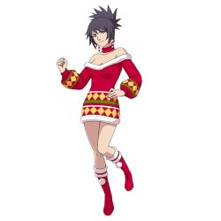 Rule 34 | 1girl, bare legs, bare shoulders, breasts, brown eyes, candy, candy cane, choker, cleavage, collarbone, dress, earrings, food, grey hair, hand on own hip, jewelry, leg up, legs, looking at viewer, mitarashi anko, naruto (series), naruto shippuuden, official art, santa costume, santa dress, smile, socks