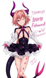 Rule 34 | 10s, 1boy, ;), absurdres, astolfo (fate), black skirt, braid, circle skirt, clothes lift, cosplay, costume switch, detached sleeves, elizabeth bathory (fate), elizabeth bathory (fate) (cosplay), elizabeth bathory (fate/extra ccc), elizabeth bathory (first ascension) (fate), fang, fate/apocrypha, fate/extra, fate/extra ccc, fate/grand order, fate (series), frilled skirt, frills, heart, highres, horns, lancer (fate/extra ccc) (cosplay), lifting own clothes, long hair, looking at viewer, male focus, one eye closed, panties, pantyshot, pink eyes, pink hair, pointy ears, sereneandsilent, simple background, single braid, skirt, smile, solo, standing, tail, thank you, trap, twitter username, underwear, v-shaped eyebrows, white background