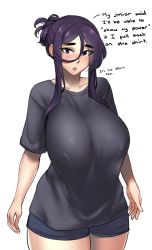 Rule 34 | 1girl, baggy clothes, black shirt, blue shorts, breasts, commentary, curvy, english commentary, hair between eyes, hair up, highres, large breasts, looking at viewer, meme, natsumi (roresu), original, pajamas challenge, parted lips, purple eyes, purple hair, roresu, shirt, short shorts, short sleeves, shorts, sidelocks, solo, standing, t-shirt, thick eyebrows, thighs