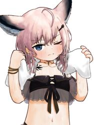 Rule 34 | 1girl, ahoge, animal ear fluff, animal ears, arknights, bikini, black bikini, blue eyes, blush, closed mouth, commentary, flat chest, fox ears, fox girl, hair between eyes, hair ornament, hairclip, hands up, kamihine, looking at viewer, material growth, medium hair, navel, official alternate costume, one eye closed, oripathy lesion (arknights), pink hair, simple background, solo, sussurro (arknights), sussurro (summer flower) (arknights), swimsuit, towel, towel around neck, wet, white background