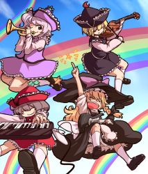 Rule 34 | &gt;:d, 4girls, :d, ;), apron, blonde hair, bloomers, bow, bow (music), brown hair, cable, day, electric guitar, epurasu, closed eyes, female focus, frills, guitar, happy, hat, hat bow, highres, instrument, keyboard (instrument), kirisame marisa, lunasa prismriver, lyrica prismriver, mary janes, merlin prismriver, multiple girls, one eye closed, open mouth, pentagram, purple eyes, rainbow, shoes, sky, smile, star (symbol), touhou, trumpet, underwear, upskirt, v-shaped eyebrows, violin, waist apron, witch hat, yellow eyes