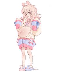 Rule 34 | 1girl, absurdres, ahoge, animal ears, animal slippers, anklet, artist name, big belly, criss-cross halter, full body, hair ornament, halterneck, heart, heart hair ornament, highres, jacket, jewelry, long hair, looking at self, navel, oversized clothes, phase connect, pink eyes, pink hair, pipkin pippa, pipkin pippa (1st costume), pregnant, rabbit ears, rabbit girl, rabbit hair ornament, ribbon, sleeves past fingers, sleeves past wrists, slippers, standing, star (symbol), star hair ornament, vanabette, very long sleeves, virtual youtuber, white background