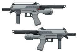 Rule 34 | absurdres, foregrip, from side, gun, highres, multiple views, no humans, original, puremage, submachine gun, trigger, weapon, weapon focus, white background