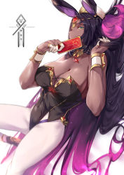Rule 34 | 1girl, aqua eyes, bare arms, bare shoulders, black hair, black leotard, breasts, character request, check character, check copyright, cleavage, closed mouth, copyright request, dark-skinned female, dark skin, fate/grand order, fate (series), jewelry, large breasts, leotard, long hair, looking at viewer, multicolored hair, ohland, pantyhose, playboy bunny, purple hair, scheherazade (fate), solo, thighs, white background, white pantyhose