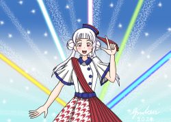 Rule 34 | 1girl, arashi chisato, artist name, artist request, belt, blue belt, blue hat, blue sky, blush, breasts, buttons, cloud, collared shirt, double bun, dress, dress shirt, female focus, hair bun, hair ribbon, hat, highres, layered skirt, long hair, looking at viewer, love live!, love live! school idol festival, love live! superstar!!, mini hat, miniskirt, nail, nail polish, on stage, outdoors, parted lips, pink nails, pink ribbon, plaid, plaid skirt, pleated, pleated skirt, red eyes, red sash, red skirt, ribbon, sash, shirt, short sleeves, single sidelock, skirt, sky, small breasts, smile, solo, sparkle, stage, stage lights, start!! true dreams (love live!), twintails, two-tone skirt, white hair, white shirt, white skirt, wrist ribbon