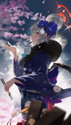 Rule 34 | 1girl, absurdres, blue archive, blue flower, blue kimono, branch, cherry, chopsticks, flower, food, fruit, grey hair, hair flower, hair ornament, halo, haruna (blue archive), haruna (new year) (blue archive), highres, holding, holding chopsticks, japanese clothes, kimono, long sleeves, looking at viewer, petals, red eyes, red halo, sadan1317, wide sleeves