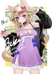 Rule 34 | 1girl, absurdres, ahoge, animal ears, arm up, bare shoulders, bebe (bebe pp), belt, black jacket, blonde hair, blue bow, bow, braid, breasts, cat ears, cat tail, claw pose, cleavage, commission, cowboy shot, dress, frilled dress, frills, hair bow, hand up, highres, holding, jacket, long hair, long sleeves, multicolored background, nail polish, nyan, off shoulder, open clothes, open jacket, original, pink bow, pink dress, pink nails, sleeveless, sleeveless dress, smile, solo, tail, white belt
