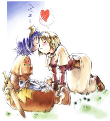Rule 34 | 2girls, acolyte (ragnarok online), all fours, animal, animal ears, armor, armored dress, bent over, blonde hair, blue hair, blush, boots, closed eyes, gloves, grass, heart, highres, imminent kiss, kiss, multiple girls, ragnarok online, sheath, short hair, sleeping, sword, swordsman (fgo516824681), swordsman (ragnarok online), weapon, yuri