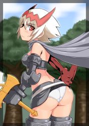 Rule 34 | 1girl, armor, ass, back, black skirt, blue sky, blush, boots, breasts, cape, closed mouth, clothes lift, cloud, cloudy sky, commentary, cougar (cougar1404), cowboy shot, crotch seam, day, dragon: marked for death, elbow gloves, empress (dmfd), from behind, frown, gauntlets, glaring, gloves, greaves, grey cape, grey gloves, grey shirt, grey thighhighs, headgear, holding, holding sword, holding weapon, looking at viewer, looking back, microskirt, midriff, outdoors, panties, red eyes, shirt, short hair, skirt, skirt caught on object, skirt lift, sky, small breasts, smile, solo, standing, strapless, sword, thigh boots, thighhighs, tree, tube top, underwear, weapon, wedgie, white hair, white panties, wind, wind lift