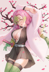 Rule 34 | :d, absurdres, arms behind head, arms up, asymmetrical bangs, belt, black jacket, black skirt, braid, breasts, cherry blossoms, cleavage, collared jacket, cowboy shot, dutch angle, falling petals, gradient background, gradient hair, green eyes, green hair, green thighhighs, haori, highres, jacket, japanese clothes, kanroji mitsuri, katana, kimetsu no yaiba, large breasts, looking at viewer, mole, mole under eye, multicolored hair, open clothes, open jacket, open mouth, partially unbuttoned, petals, pink hair, pleated skirt, qzeeo552455729, sheath, sheathed, shirt, skirt, smile, solo, sword, teeth, thighhighs, twin braids, upper teeth only, weapon, white shirt, wide sleeves, wing collar