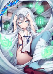 Rule 34 | 1girl, akkijin, blue eyes, blue ribbon, breasts, card (medium), curtains, hair ribbon, hitodama, indoors, japanese clothes, lamp, looking at viewer, official art, ribbon, sandals, shinkai no valkyrie, shy, silver hair, sitting, small breasts, soles, solo, thighhighs, wrapped