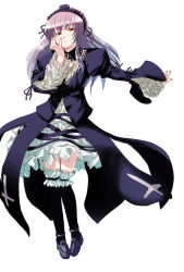 Rule 34 | 00s, 1girl, black footwear, blush, choker, cross-laced clothes, cross print, dress, flower, frilled sleeves, frills, full body, hairband, hand on own face, hota, long hair, looking at viewer, over-kneehighs, purple dress, purple hair, rose, rozen maiden, shoes, simple background, smile, solo, standing, suigintou, thighhighs, white background, zettai ryouiki