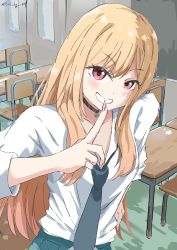 Rule 34 | 1girl, absurdres, bad id, bad pixiv id, black choker, black necktie, blonde hair, blush, chair, choker, classroom, clenched teeth, collarbone, commentary request, cynical (llcbluckg c004), desk, finger to mouth, grin, highres, index finger raised, indoors, jewelry, kitagawa marin, long hair, looking at viewer, loose necktie, nail polish, necktie, pink nails, red eyes, ring, school chair, school desk, shirt, smile, solo, sono bisque doll wa koi wo suru, teeth, twitter username, white shirt