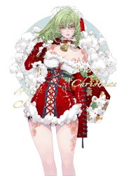 Rule 34 | 1girl, absurdres, bell, breasts, choker, cleavage, dress, flower, green hair, highres, large breasts, long hair, looking at viewer, merry christmas, open mouth, original, rose, santa costume, simple background, solo, standing, tattoo, thigh strap, thighs, tu yi, yellow eyes