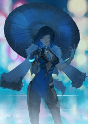 Rule 34 | 1girl, asymmetrical gloves, blue eyes, blue hair, bob cut, bracelet, breasts, cleavage, commentary request, dress, feather-trimmed jacket, genshin impact, gloves, highres, jewelry, looking at viewer, medium hair, mismatched gloves, p-nekor, solo, umbrella, yelan (genshin impact)