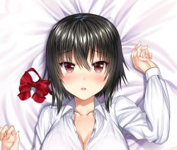 Rule 34 | 1girl, aldehyde, bed sheet, black hair, blush, bow, bowtie, unworn bowtie, breasts, cleavage, close-up, collarbone, dakimakura (medium), eyes visible through hair, hair between eyes, hand up, highres, imoko (neeko&#039;s sister), large breasts, looking at viewer, lying, on back, original, parted lips, red bow, red bowtie, red eyes, shirt, short hair, solo, upper body, white shirt