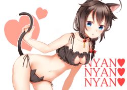 Rule 34 | 10s, 1girl, ahoge, animal ears, bad id, bad pixiv id, bare shoulders, bell, black bra, black hair, black panties, blue eyes, blush, bra, braid, breasts, brown hair, cat cutout, cat ear panties, cat ears, cat lingerie, cat tail, choker, cleavage, cleavage cutout, clothing cutout, collarbone, hair flaps, hair over shoulder, heart, kantai collection, kemonomimi mode, leaning forward, long hair, looking at viewer, mashiro aa, meme attire, navel, neck bell, open mouth, panties, shigure (kancolle), shigure kai ni (kancolle), side-tie panties, single braid, solo, stomach, tail, text focus, underwear, underwear only