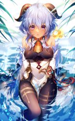 Rule 34 | 1girl, ahoge, bell, blue hair, blurry, bodystocking, breasts, breasts apart, chinese clothes, chinese knot, collar, covered erect nipples, depth of field, ganyu (genshin impact), genshin impact, goat horns, hair between eyes, highres, horns, looking at viewer, medium breasts, neck bell, pantyhose, partially submerged, purple eyes, resolution mismatch, shiny clothes, solo, source smaller, tassel, urashima zzz, water, wet, wet clothes