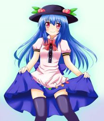 Rule 34 | 1girl, black thighhighs, blue hair, clothes lift, content rating, female focus, food, fruit, hat, hinanawi tenshi, long hair, peach, red eyes, skirt, skirt lift, solo, thighhighs, touhou, yakumo nanahara
