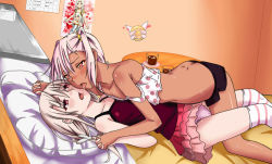 Rule 34 | 2girls, artist request, bed, blush, cameltoe, chloe von einzbern, crop top, dark-skinned female, dark skin, dimples of venus, eye contact, fate/kaleid liner prisma illya, fate (series), french kiss, frottage, heart, highres, holding hands, illyasviel von einzbern, indoors, interlocked fingers, kiss, kneehighs, leg between thighs, looking at another, lying, magical ruby, midriff, miniskirt, multiple girls, no bra, on back, on bed, open mouth, panties, pillow, pink hair, red eyes, saliva, saliva trail, short shorts, shorts, skirt, socks, strap slip, sweat, tears, thighhighs, tongue, underwear, white hair, yuri