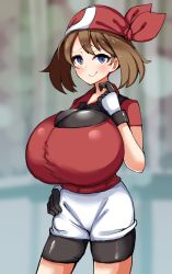Rule 34 | 1girl, bandana, blue eyes, breasts, brown hair, covered erect nipples, creatures (company), detritus, game freak, huge breasts, looking at viewer, may (pokemon), midriff, nintendo, oppai loli, pokemon, pokemon rse, shirt, smile, solo, tongue, tongue out