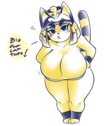 Rule 34 | 1girl, puff of air, animal crossing, animal ears, animal feet, animal nose, ankha (animal crossing), ankleband, bandeau, barefoot, blonde hair, blue eyes, blue eyeshadow, blue hair, blunt bangs, blush, body fur, breasts, cat ears, cat girl, cat tail, cleavage, collarbone, commission, dorianm bc, embarrassed, english text, eyeshadow, fang, female focus, full body, furry, furry female, hair ornament, half-closed eyes, hands on own hips, hanging breasts, huge breasts, leaning forward, legs together, looking at viewer, makeup, motion lines, multicolored hair, nintendo, nose blush, open mouth, sidelocks, sketch, snake hair ornament, solo, speech bubble, standing, striped tail, tail, tail raised, talking, thick thighs, thighs, two-tone hair, v-shaped eyebrows, white bandeau, wide hips, wristband, yellow fur