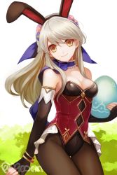 Rule 34 | 1girl, animal ears, bare shoulders, black gloves, blue scarf, blush, bracelet, detached collar, egg, elbow gloves, fake animal ears, fingerless gloves, fire emblem, fire emblem: radiant dawn, fire emblem heroes, gloves, highres, jewelry, leotard, looking at viewer, micaiah (fire emblem), nana (nanalog76), nintendo, pantyhose, playboy bunny, rabbit ears, rabbit tail, scarf, silver hair, solo, tail, yellow eyes