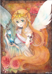 Rule 34 | 1girl, angel wings, bare shoulders, blonde hair, chain, colored pencil (medium), crown, dress, flower, green eyes, hourglass, long hair, marker (medium), mosho, open mouth, original, pointy ears, red rose, rose, signature, smile, solo, tattoo, teeth, traditional media, water, white dress, wings