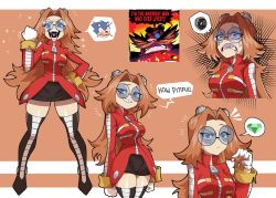Rule 34 | 1girl, absurdres, anger vein, angry, black skirt, black thighhighs, blue-tinted eyewear, blue-tinted glasses, blush, boots, brown hair, coat, dr. eggman, eggma&#039;am, english text, female focus, gem, genderswap, genderswap (mtf), glasses, gloves, goggles, goggles on head, green gemstone, grin, hand on own hip, highres, holding, holding own hair, jacket, long hair, long sleeves, looking at viewer, meme, mg991998, open mouth, red coat, red jacket, round eyewear, skirt, smile, sonic (series), sonic boom (series), sonic the hedgehog, sparkle, speech bubble, sunglasses, tagme, teeth, thick thighs, thighhighs, thighs, tinted eyewear, tongue, white gloves, zipper, zipper pull tab