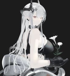 Rule 34 | 1girl, arknights, bare shoulders, black background, black gloves, breasts, colored skin, dirt, ear piercing, flower, from side, gloves, hair between eyes, holding, holding flower, horns, infection monitor (arknights), large breasts, long hair, looking at viewer, material growth, mudrock (arknights), oripathy lesion (arknights), piercing, pointy ears, red eyes, saika ryougi, simple background, solo, sports bra, undressing, white flower, white hair, white skin
