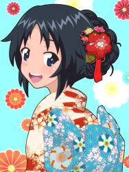 Rule 34 | 1girl, alternate hairstyle, black hair, blue background, blue eyes, floral background, floral print, flower, freckles, from side, girls und panzer, gogopaint, hair flower, hair ornament, hair up, highres, japanese clothes, kimono, looking at viewer, looking back, obi, open mouth, print kimono, red flower, red kimono, sash, short hair, smile, solo, textless version, upper body, yamagou ayumi